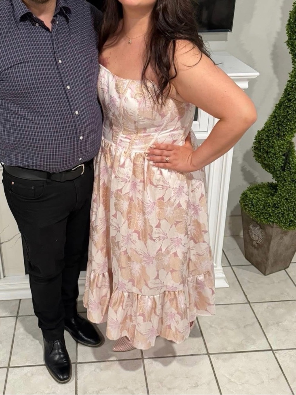 David's Bridal Floral Metallic Jacquard Corset Midi Dress Gold Pink Strapless